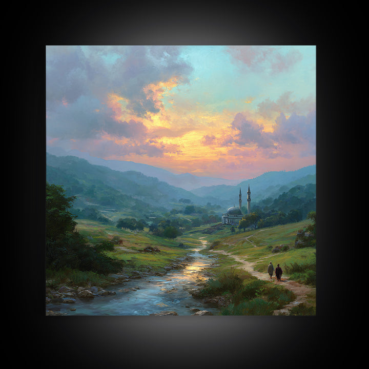 Sunset Valley Mosque And River Landscape Wall Art, Islamic Home Decor, Serene Nature Print, Peaceful Living Room Decor, Housewarming Gift