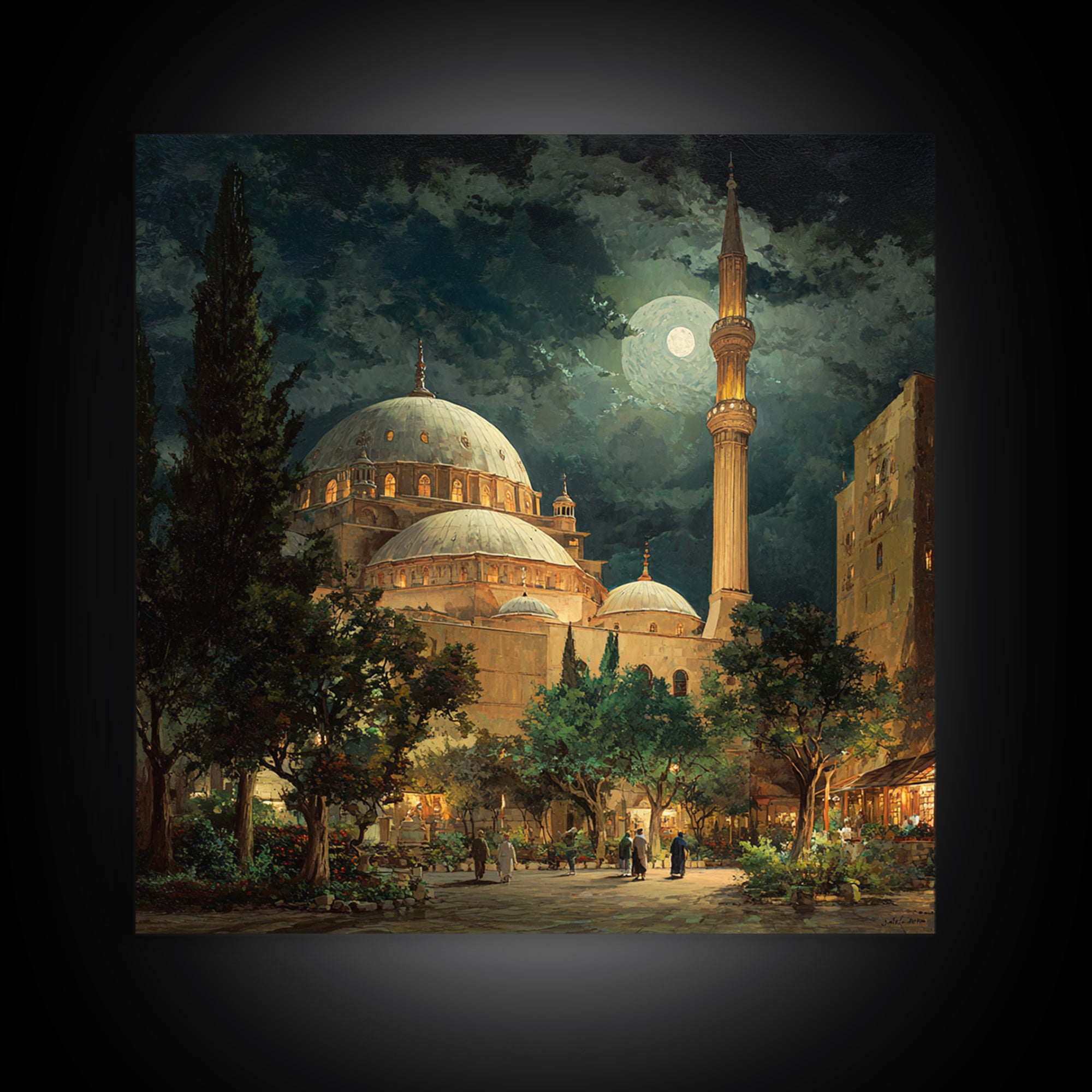 Moonlit Mosque Courtyard At Night Wall Art, Islamic Architecture Canvas Print, Ramadan Decor, Prayer Room Poster For Home Decor