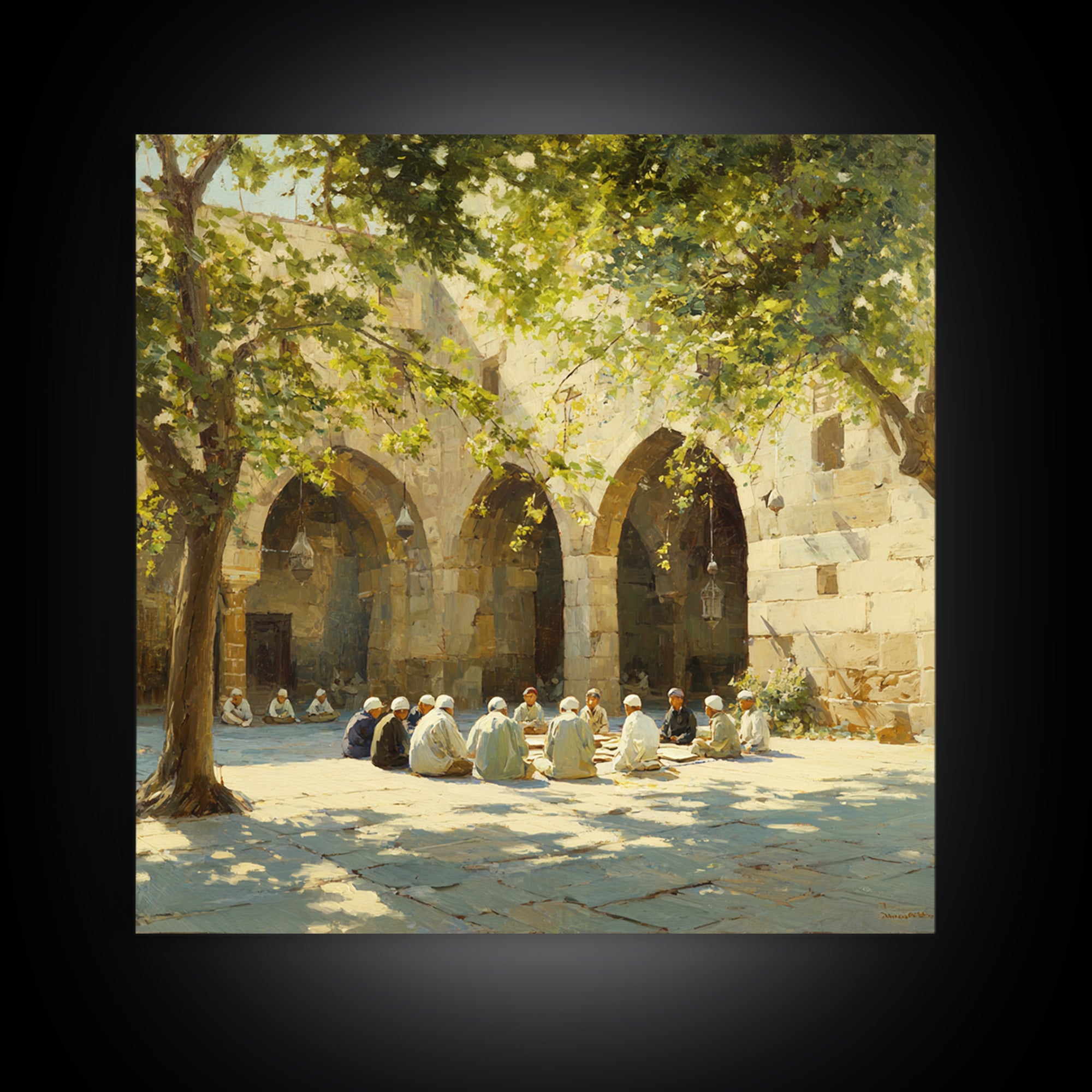 Sunlit Mosque Courtyard Gathering Under Trees Framed Canvas Print, Islamic Wall Art, Arabic Architecture, Serene Home Decor