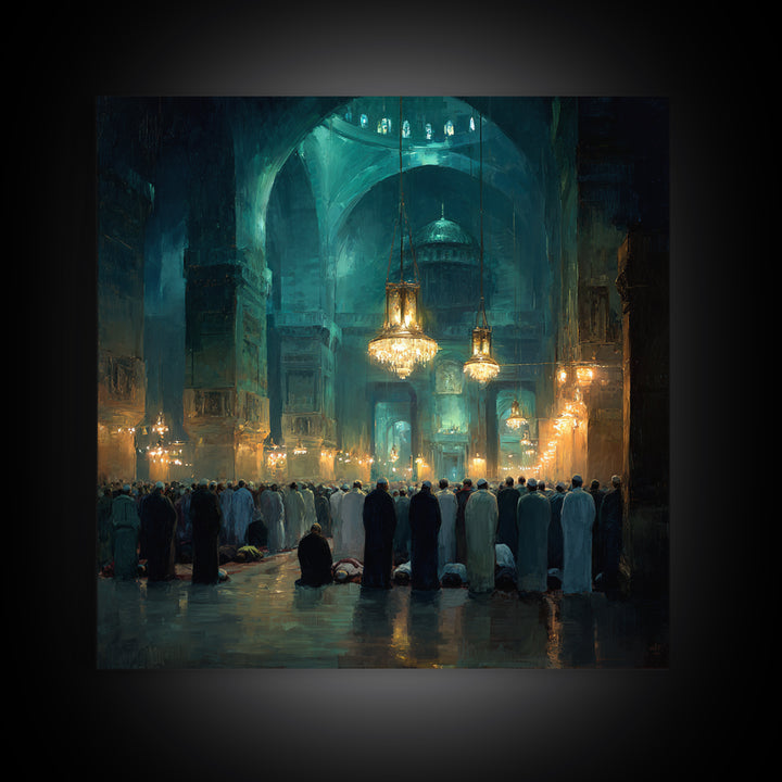 Teal Mosque Prayer Hall With Golden Chandeliers Canvas Print, Islamic Wall Decor, Spiritual Fine Art, Ramadan Gift, Elegant Home Decor