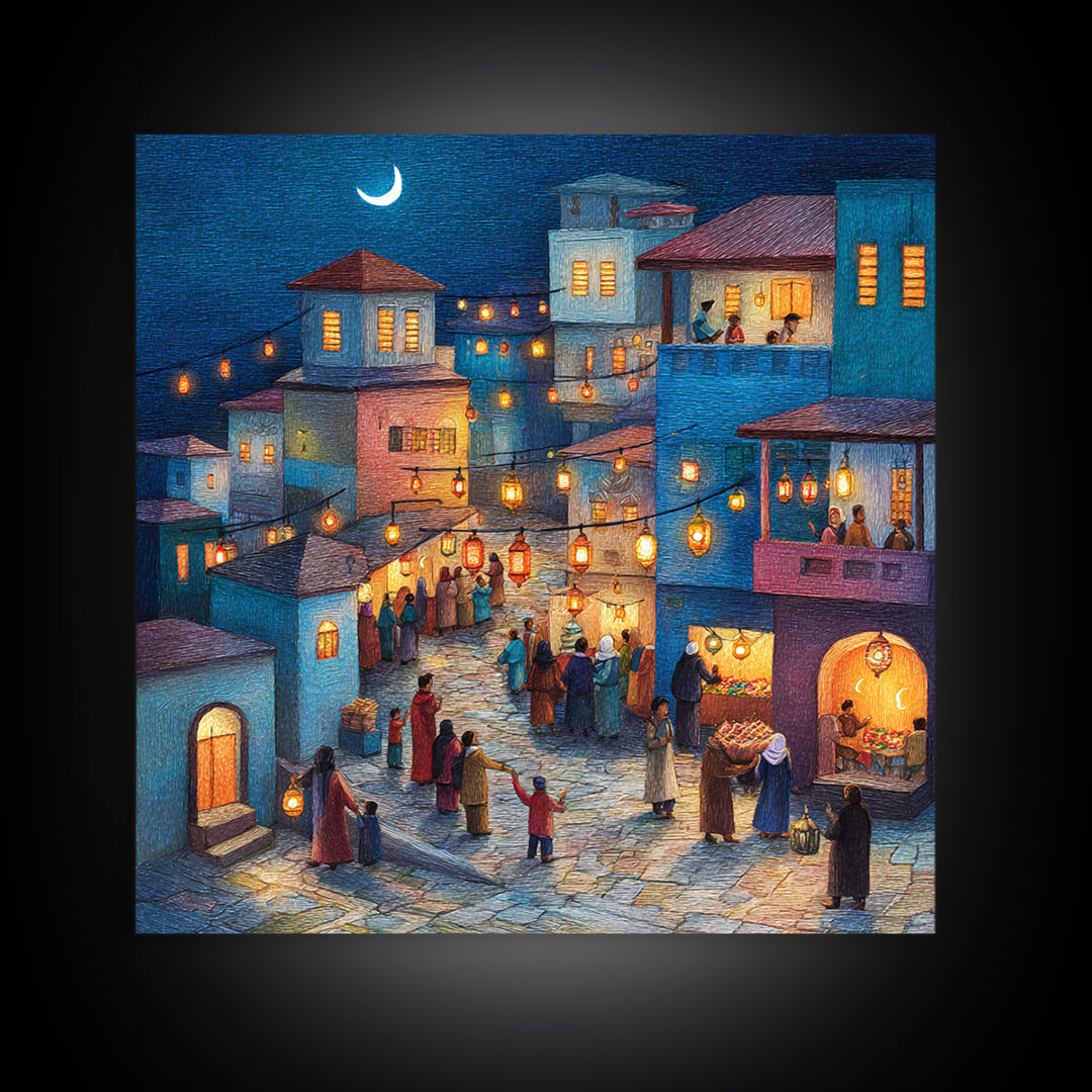 Moonlit Lantern Village Wall Art, Middle Eastern Night Market Canvas Print, Ramadan Decor, Cozy Blue Homes, Housewarming Gift