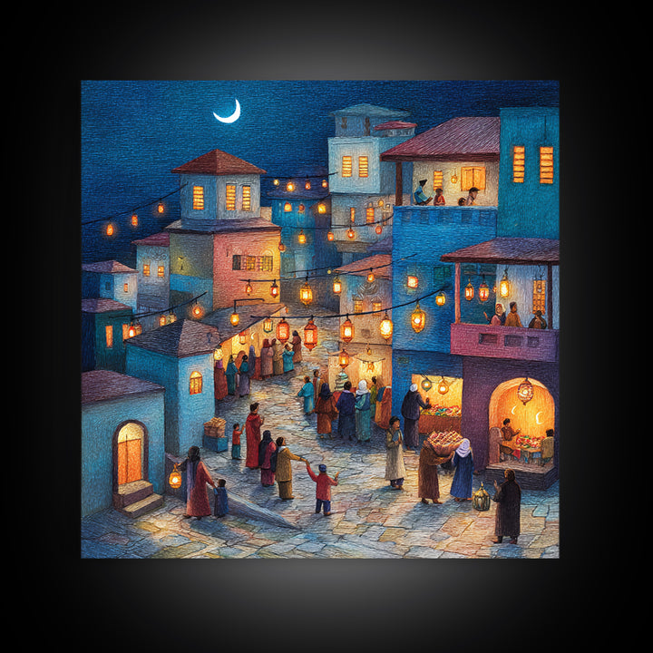 Moonlit Lantern Village Wall Art, Middle Eastern Night Market Canvas Print, Ramadan Decor, Cozy Blue Homes, Housewarming Gift