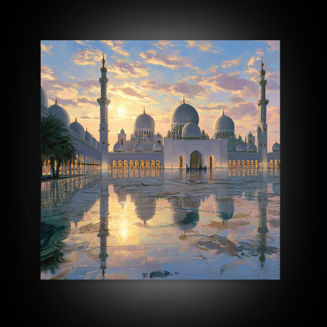White Grand Mosque At Sunset Framed Canvas Print, Islamic Wall Art, Abu Dhabi Architecture, Spiritual Decor, Luxury Home Decor