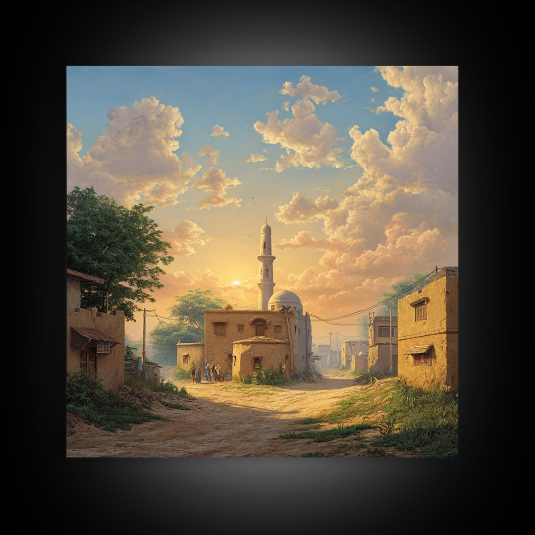 Sunlit Village Mosque At Golden Sunset Wall Art, Islamic Landscape Canvas Print, Rustic Travel Decor, Serene Home Gift For Living Room