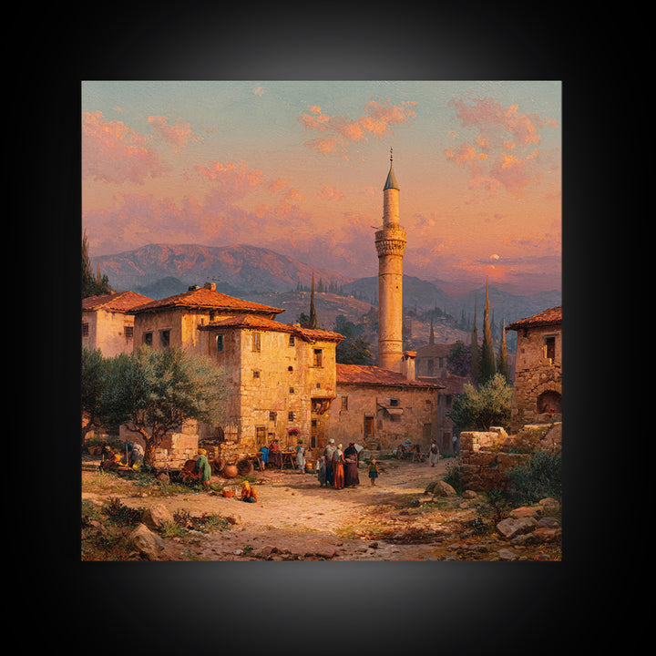 Sunset Village With Minaret Wall Art, Mediterranean Landscape Print, Islamic Architecture Decor, Travel Poster For Living Room