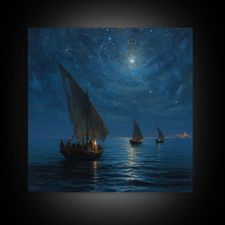 Starry Night Sailboats On Moonlit Sea Wall Art, Nautical Coastal Canvas Print, Ocean Landscape Decor, Romantic Travel Gift