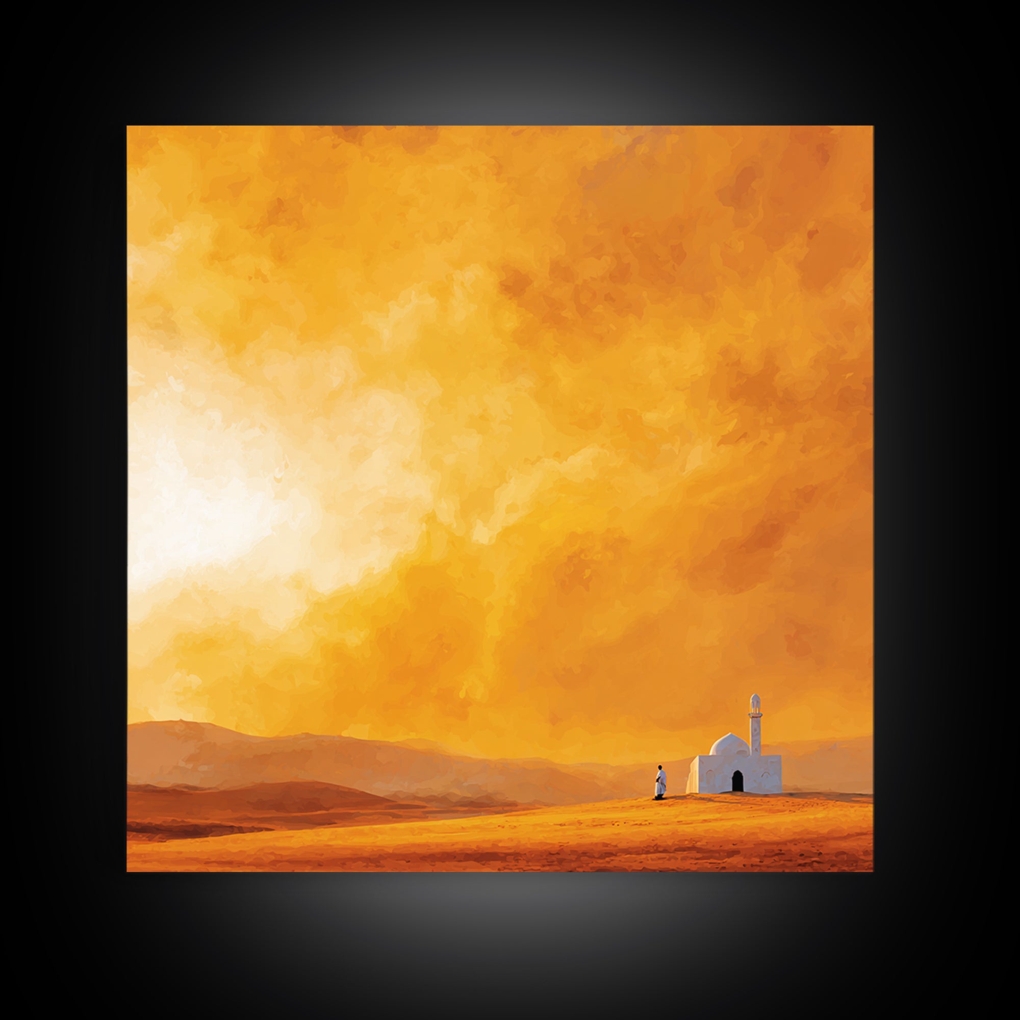 Glowing Orange Desert Mosque Canvas Print, Minimalist Landscape Art, Islamic Wall Decor, Warm Neutral Home Decor Gift Idea