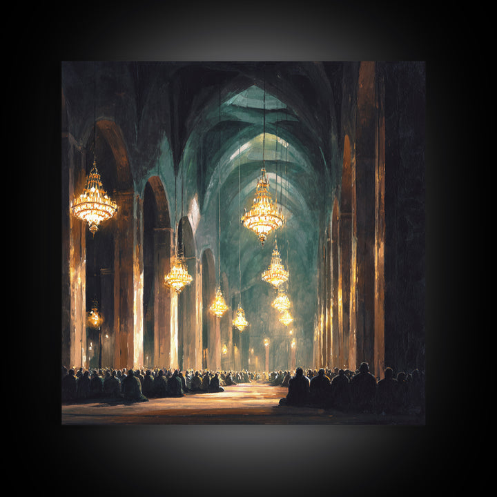 Grand Mosque Chandeliers Canvas Print, Islamic Architecture Wall Art, Spiritual Decor, Prayer Room Art, Elegant Home Decor