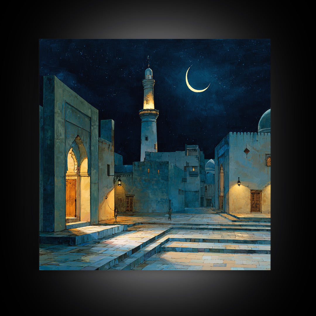 Blue Moonlit Mosque Courtyard With Crescent Moon Wall Art, Islamic Wall Decor, Celestial Night Print, Serene Home Decor Gift