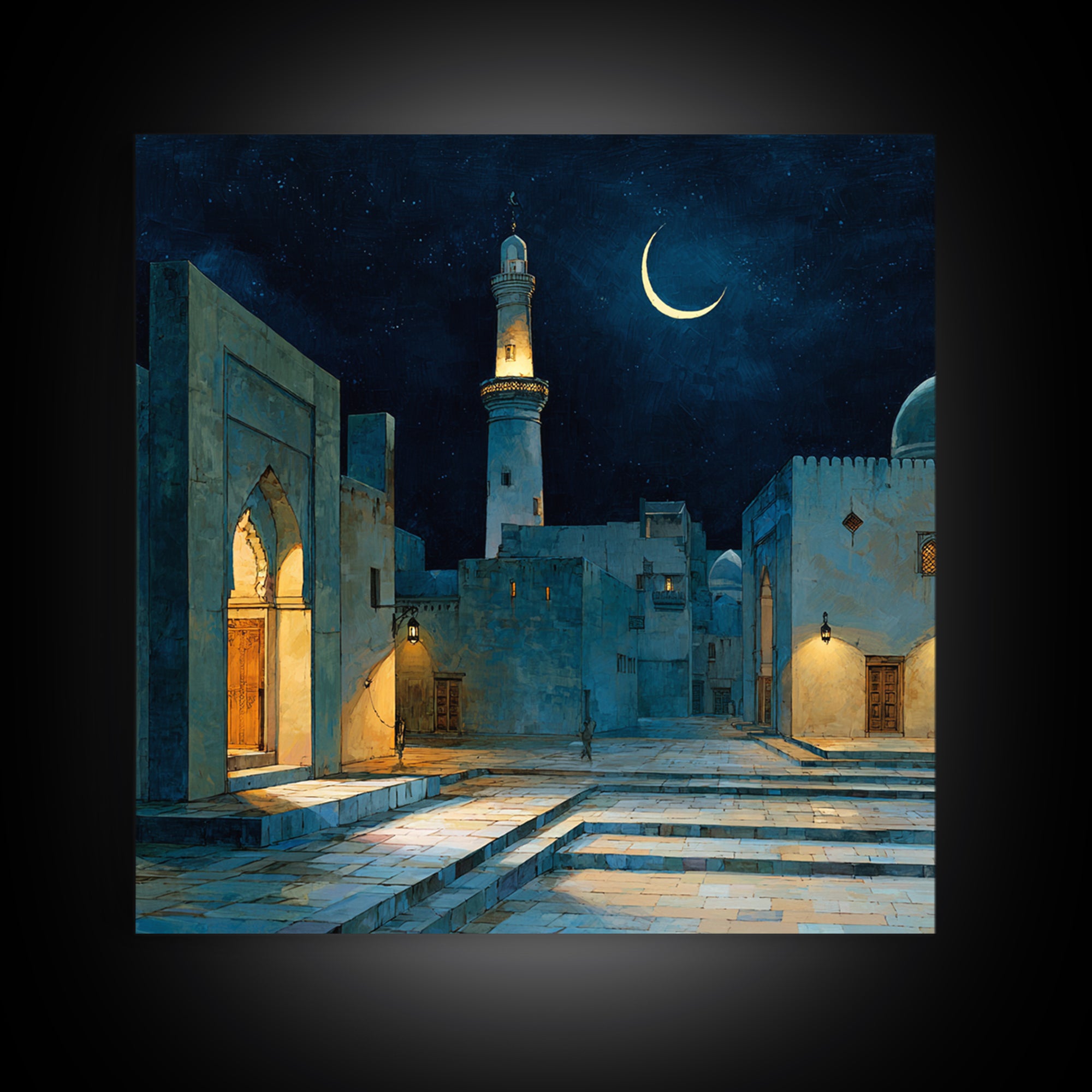 Blue Moonlit Mosque Courtyard With Crescent Moon Wall Art, Islamic Wall Decor, Celestial Night Print, Serene Home Decor Gift