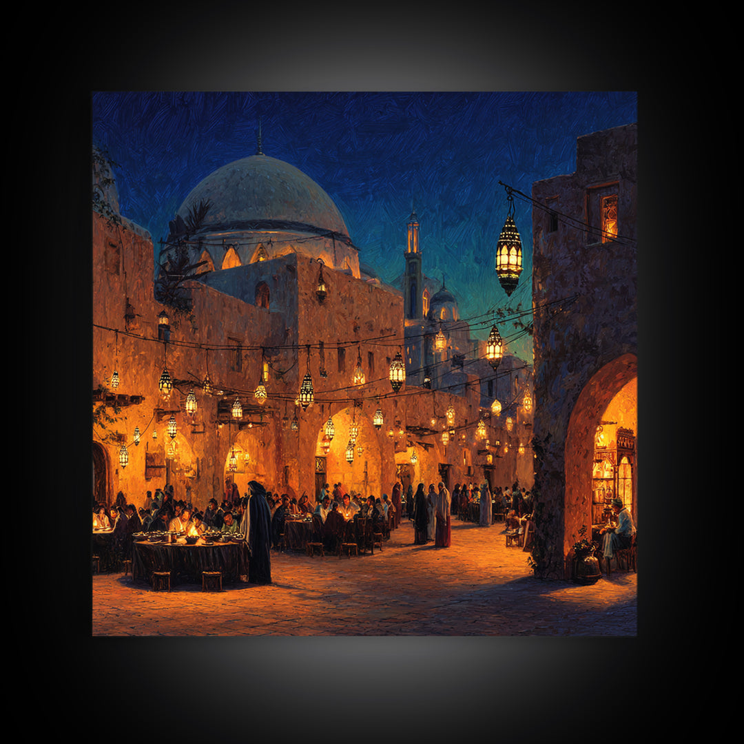 Lantern Lit Mosque Courtyard At Night Wall Art, Islamic Home Decor, Arabic Architecture Print, Ramadan Decor, Eid Gift Art