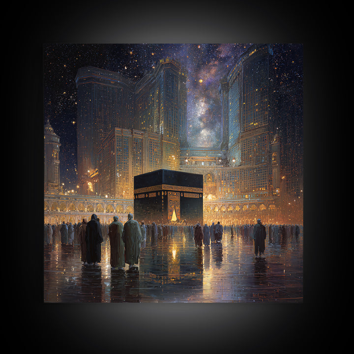 Kaaba At Mecca Under Starry Night Wall Art, Islamic Canvas Print, Quran Wall Decor, Ramadan Gift, Spiritual Muslim Home Decor