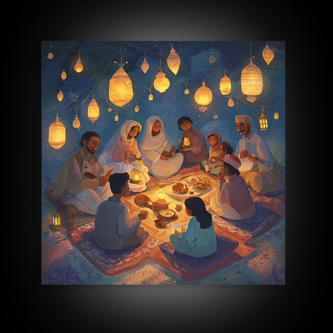 Ramadan Family Lantern Picnic Wall Art, Islamic Canvas Print, Eid Decor, Muslim Home Decor, Housewarming Gift For Living Room