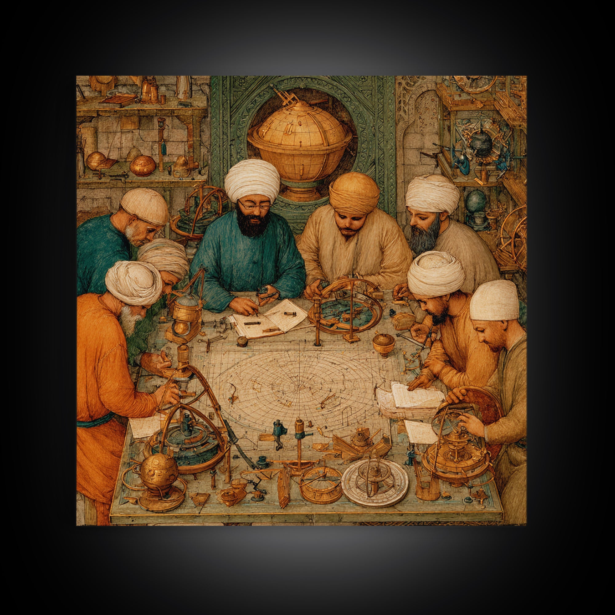 Medieval Astronomers Studying Celestial Maps Wall Art, Islamic Science Illustration Canvas Print For Library Office Decor