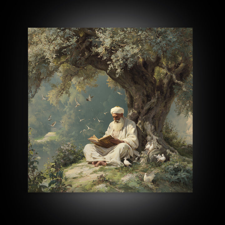 Scholar Reading Beneath Ancient Olive Tree With Doves Canvas Print, Islamic Wall Art, Spiritual Home Decor, Prayer Room Gift