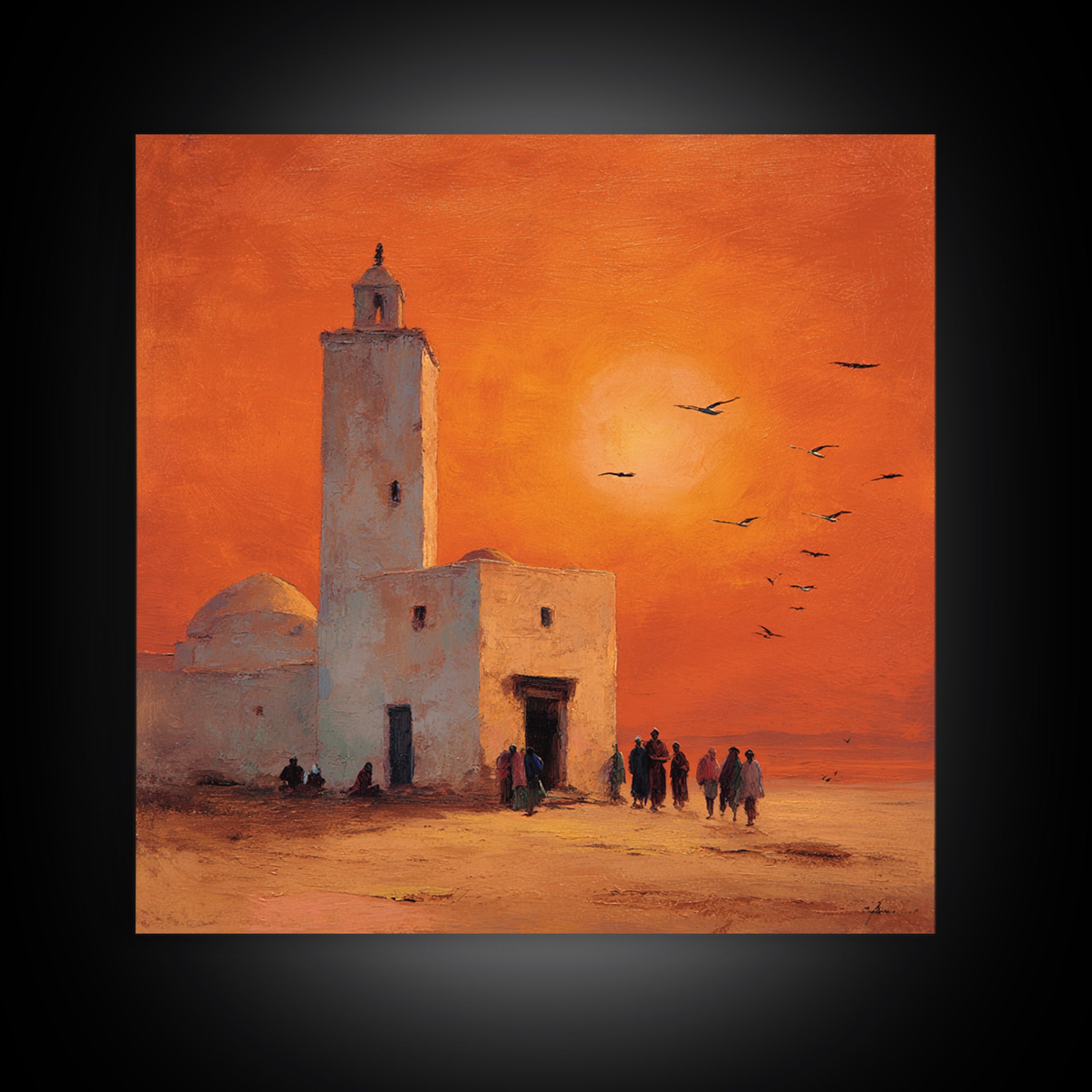 Orange Desert Mosque Sunset With Birds Wall Art, Moroccan Wall Decor, Islamic Home Decor, Travel Poster, Housewarming Gift