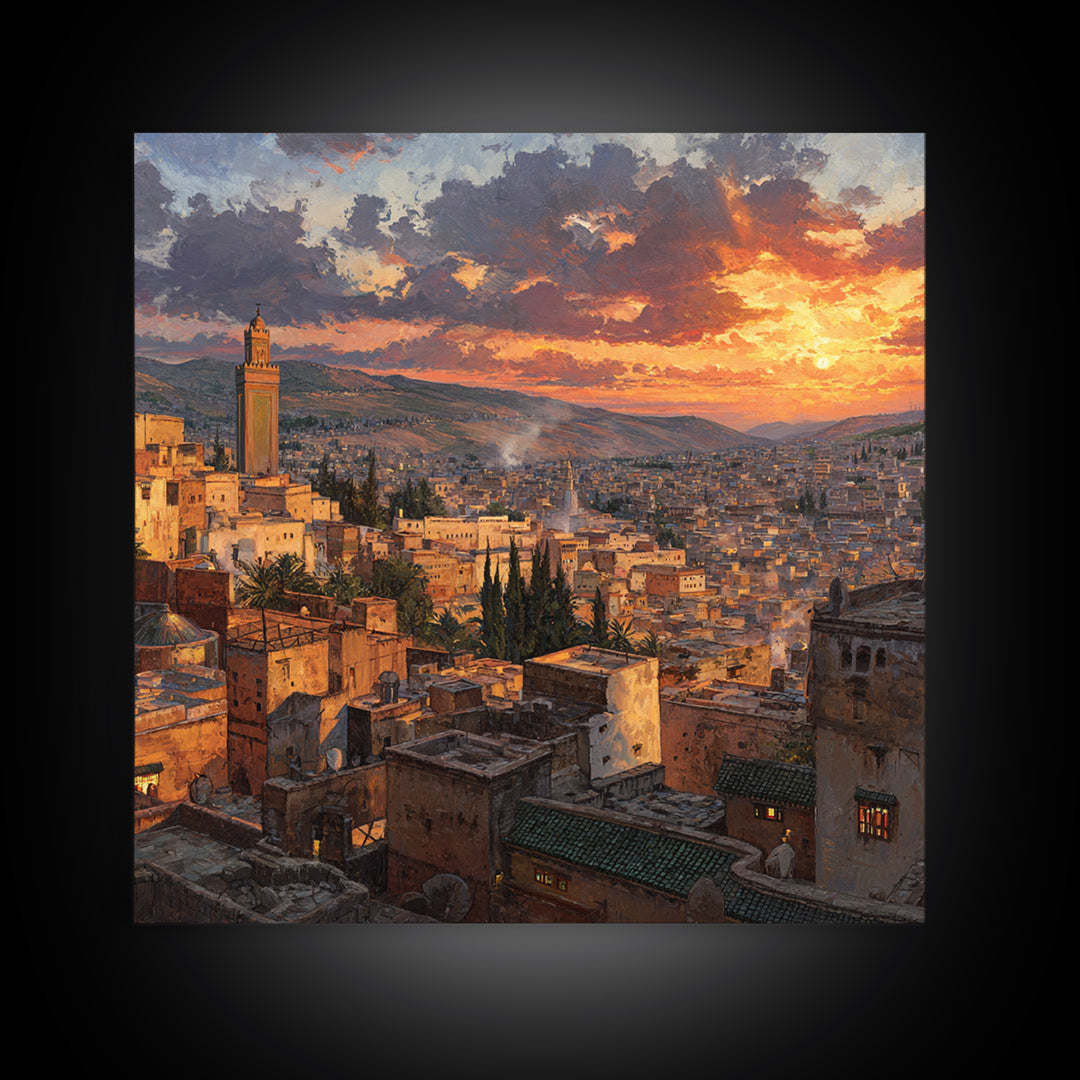 Moroccan City Rooftops At Sunset Wall Art, Marrakech Travel Canvas Print, Warm Mediterranean Living Room Decor Housewarming Gift