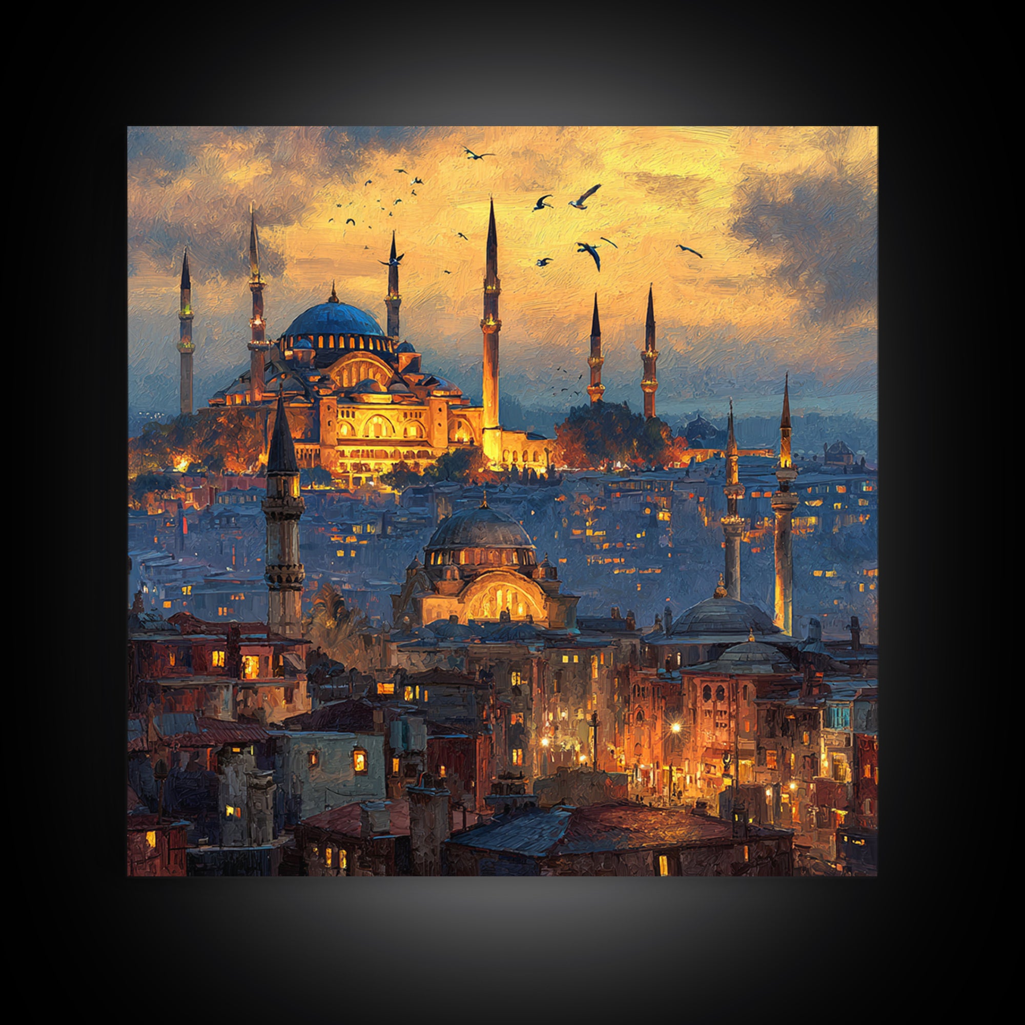 Glowing Istanbul Mosque Skyline Wall Art, Islamic Architecture Canvas Print, Travel Poster, Cityscape Art, Turkish Home Decor