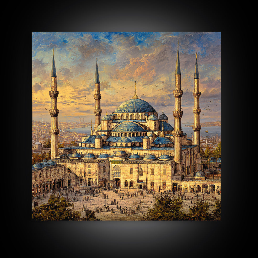 Blue Mosque Istanbul Framed Canvas Print, Islamic Architecture Wall Decor, Turkey Travel Poster, Elegant Living Room Art