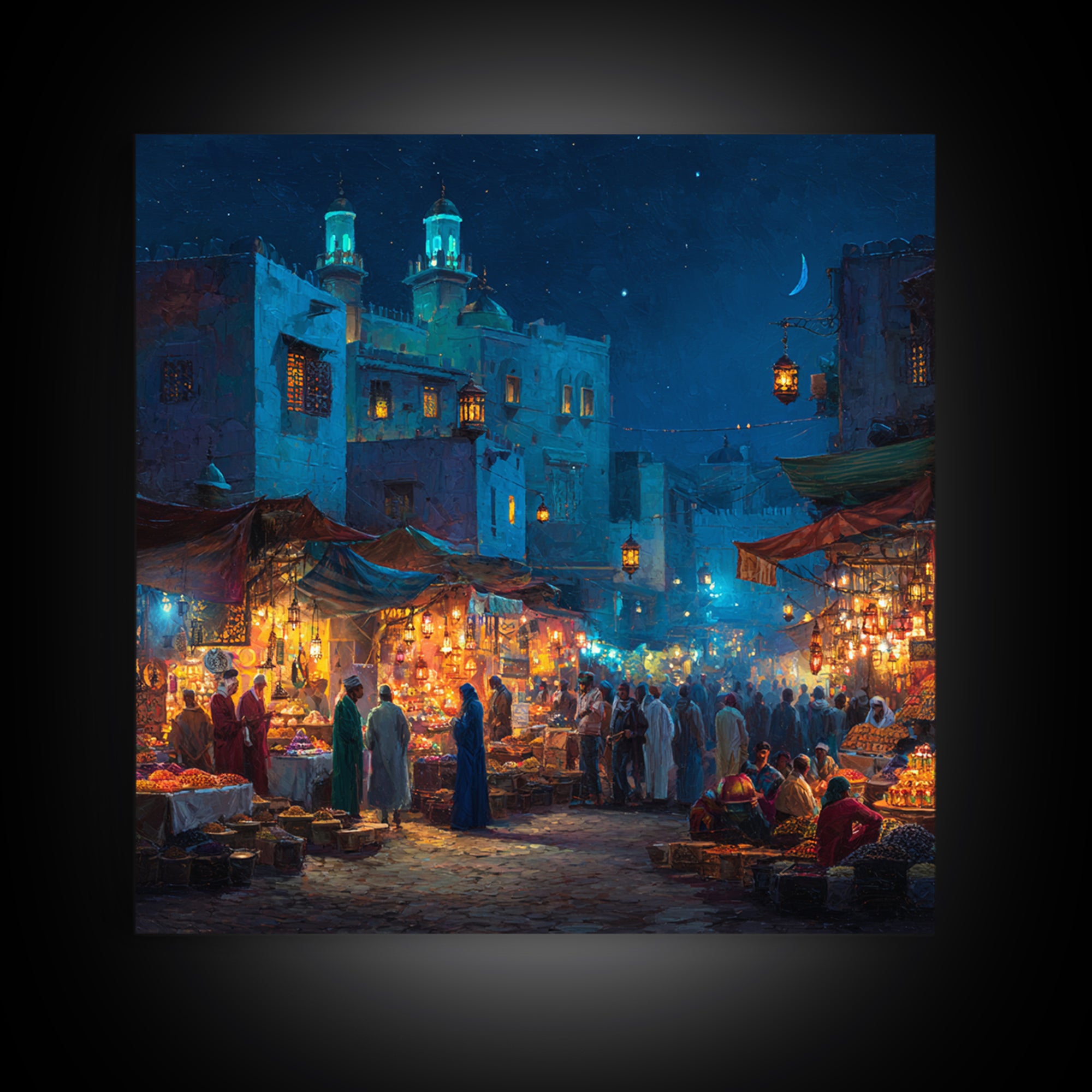 Lantern Lit Moroccan Night Market Wall Art, Islamic Architecture Canvas Print, Ramadan Decor, Middle Eastern Travel Poster