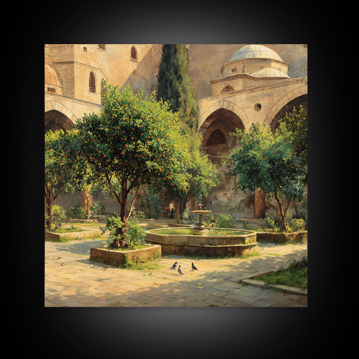 Mediterranean Orange Tree Courtyard Wall Art, Islamic Architecture Print, Garden Wall Decor, Warm Travel Art Print, Old World Decor