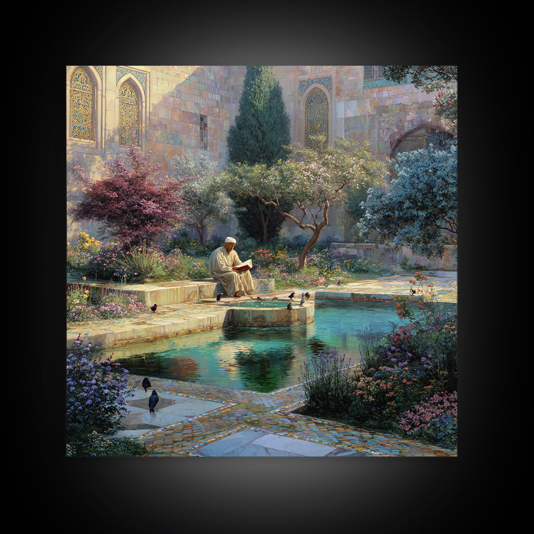 Serene Islamic Garden Courtyard With Reader Wall Art, Meditation Framed Canvas Print, Botanical Zen Home Decor Gift For Her