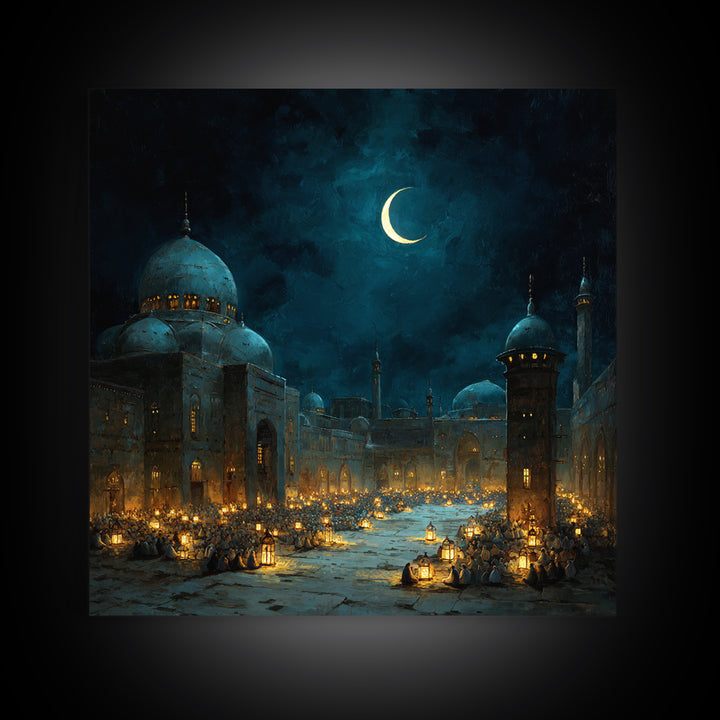 Moonlit Mosque Courtyard With Crescent Canvas Print, Islamic Wall Art, Ramadan Lantern Decor For Prayer Room And Home Decor