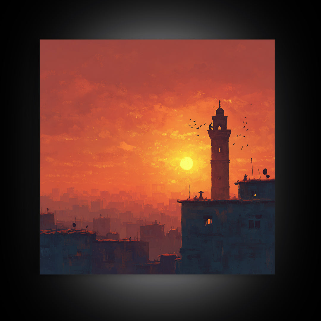 Orange City Sunset With Minaret Tower Silhouette Canvas Print, Islamic Wall Art, Moroccan Decor, Travel Poster, Home Decor