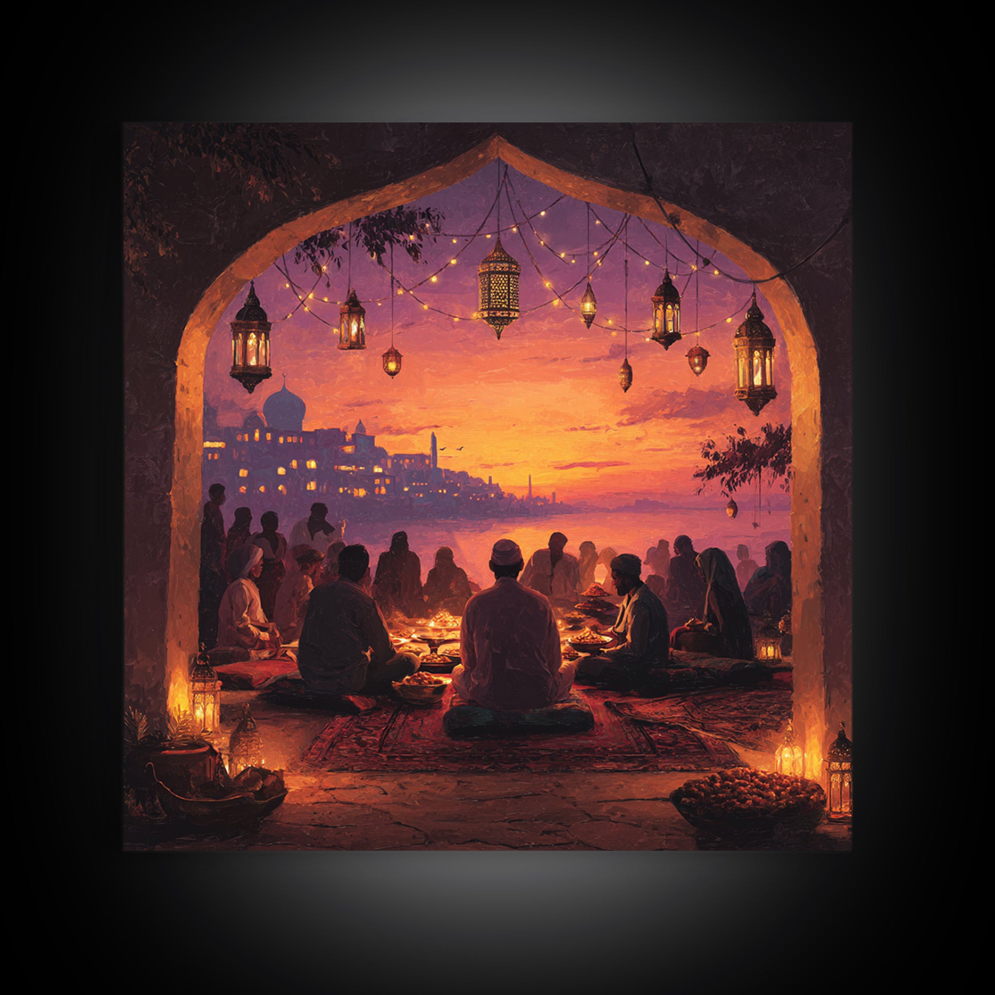 Ramadan Sunset Gathering Wall Art, Lantern Iftar Dinner Scene, Islamic Home Decor, Warm Spiritual Canvas Print Gift For Prayer Room