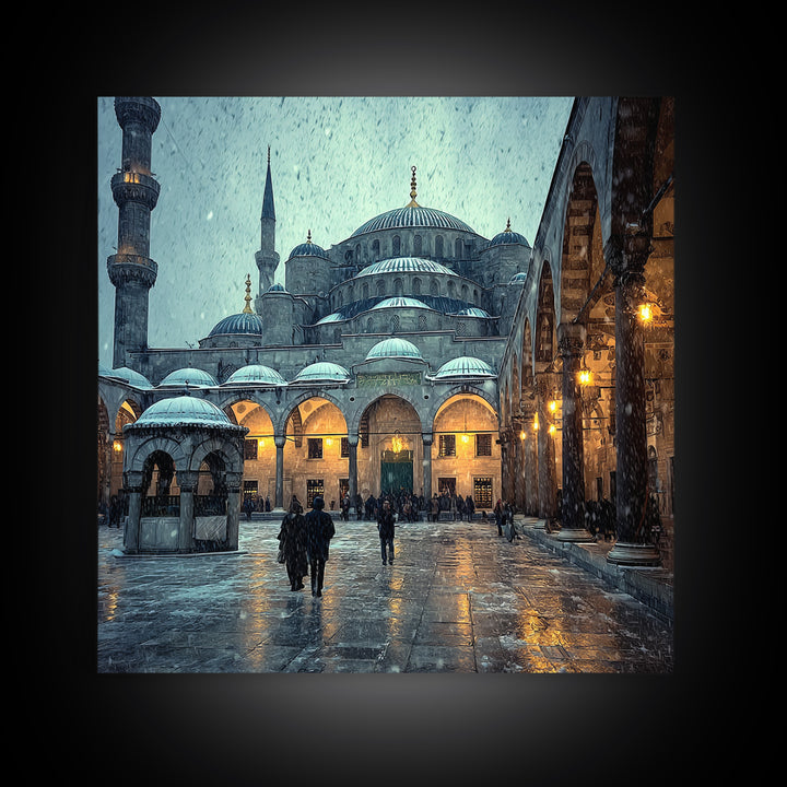 Snowy Blue Mosque Courtyard Canvas Print, Islamic Architecture Wall Art, Istanbul Travel Poster, Spiritual Decor, Home Decor