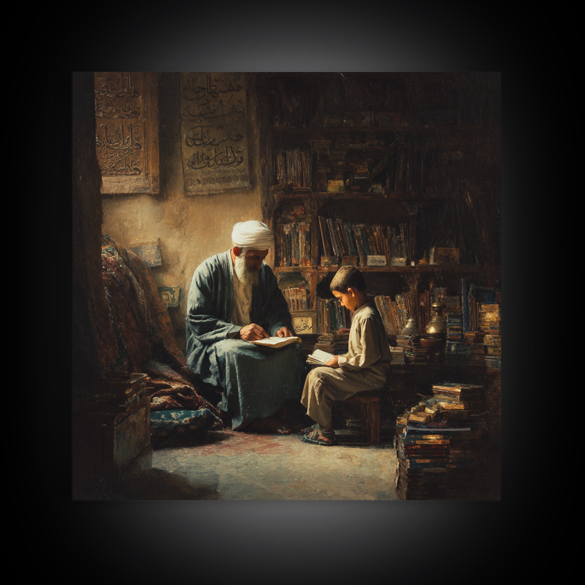 Elder Scholar And Child Reading In Ancient Library Wall Art, Islamic Decor, Dark Academia, Arabic Calligraphy Fine Art Print
