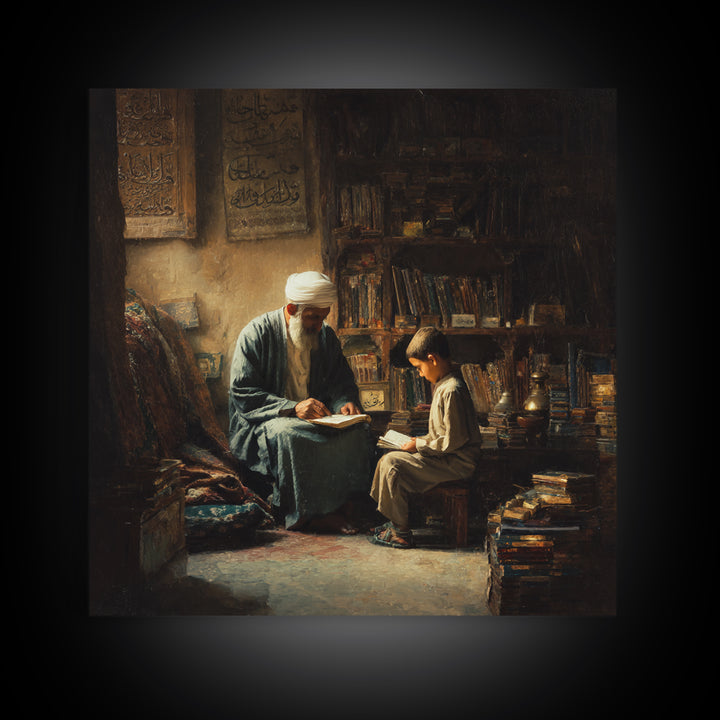 Elder Scholar And Child Reading In Ancient Library Wall Art, Islamic Decor, Dark Academia, Arabic Calligraphy Fine Art Print