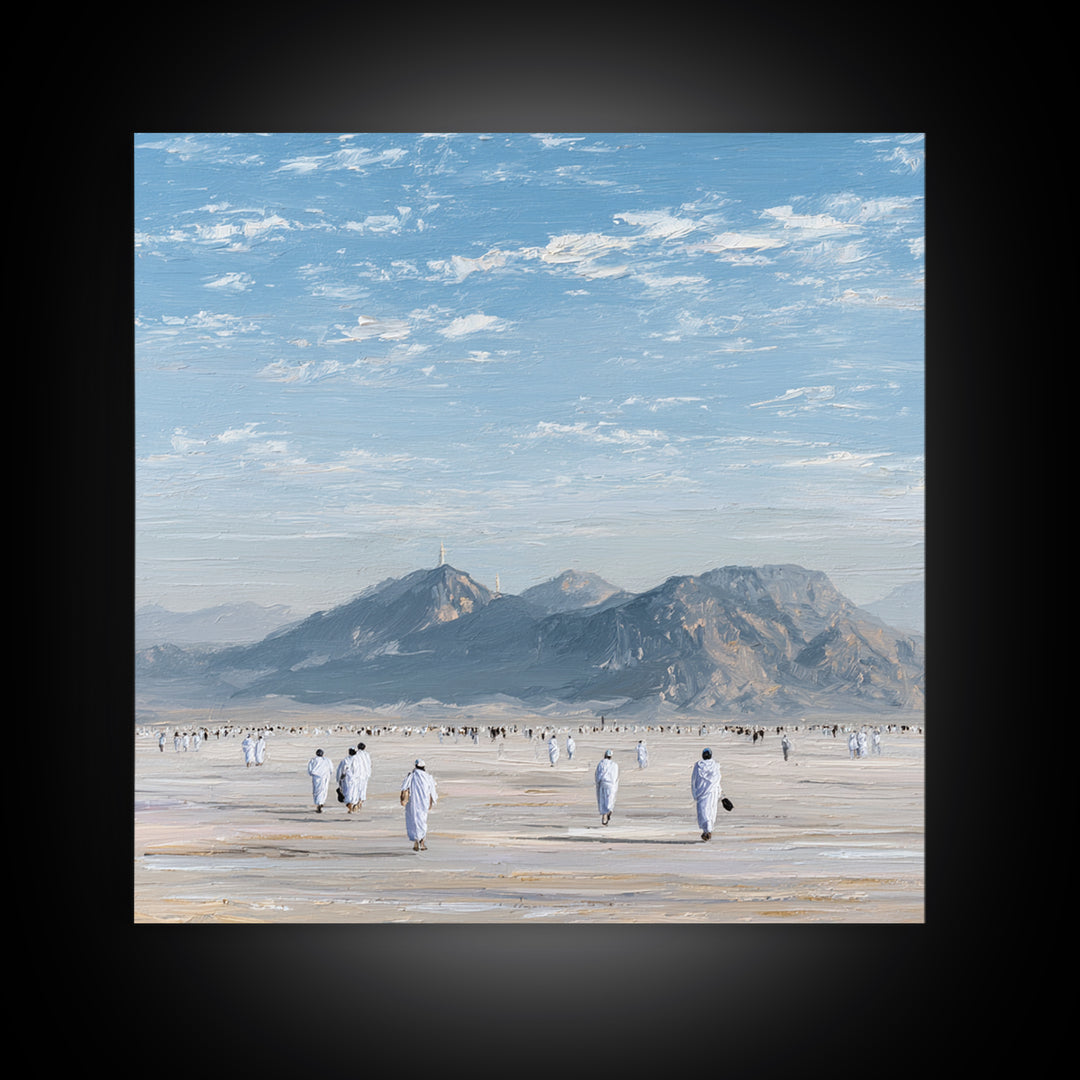 Pilgrims Walking Toward Desert Mountains Wall Art, Minimalist Landscape Canvas Print, Islamic Travel Decor, Calm Neutral