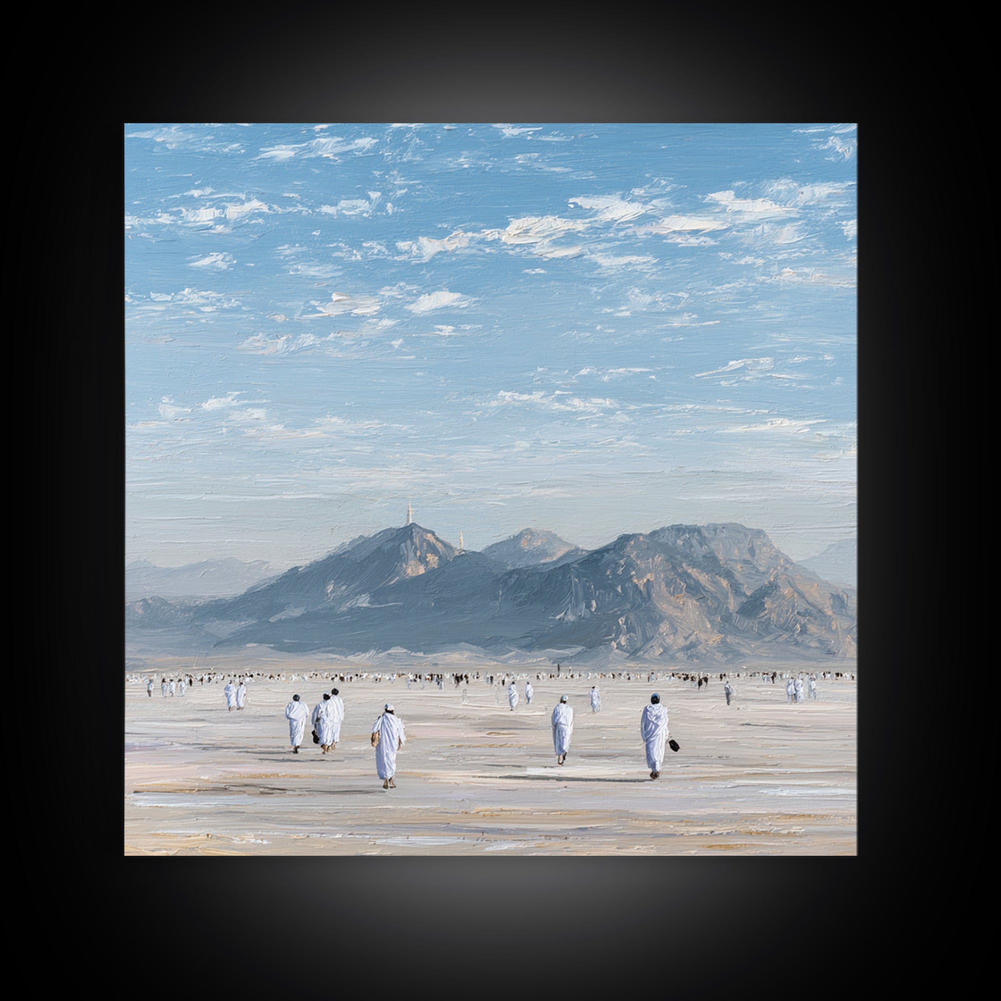 Pilgrims Walking Toward Desert Mountains Wall Art, Minimalist Landscape Canvas Print, Islamic Travel Decor, Calm Neutral