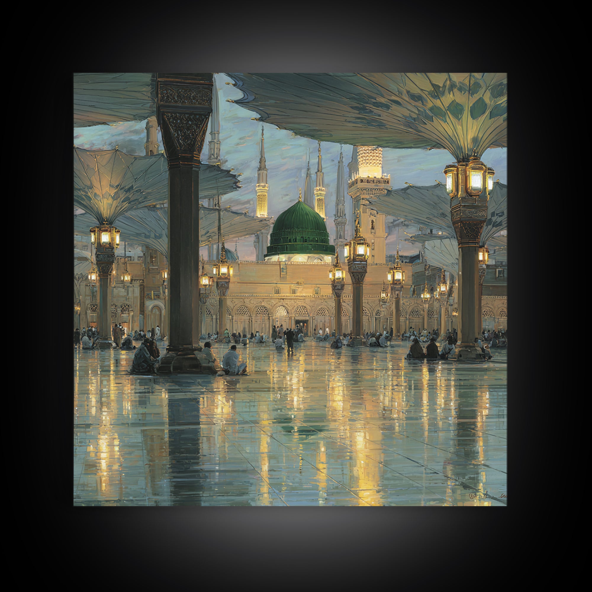 Green Dome Mosque Courtyard With Lantern Reflections Framed Canvas Print, Islamic Wall Art, Medina Decor, Spiritual Gift