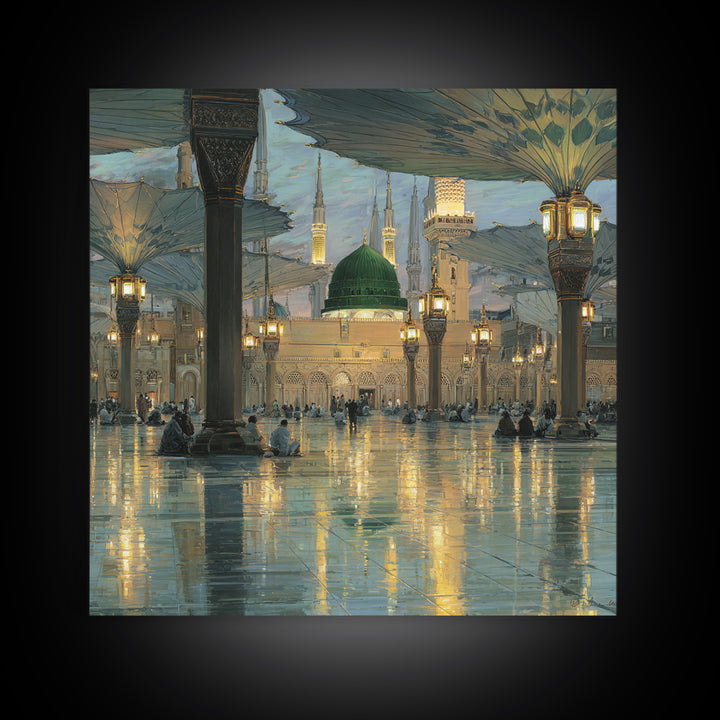 Green Dome Mosque Courtyard With Lantern Reflections Framed Canvas Print, Islamic Wall Art, Medina Decor, Spiritual Gift
