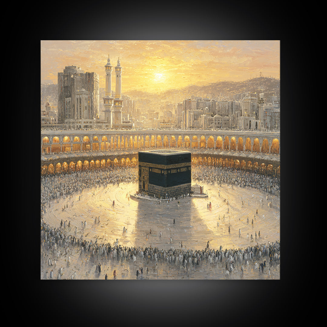Sunlit Kaaba At Mecca Framed Canvas Print, Islamic Wall Art, Quran Wall Decor, Spiritual Home Decor, Muslim Gift, Ramadan Decor