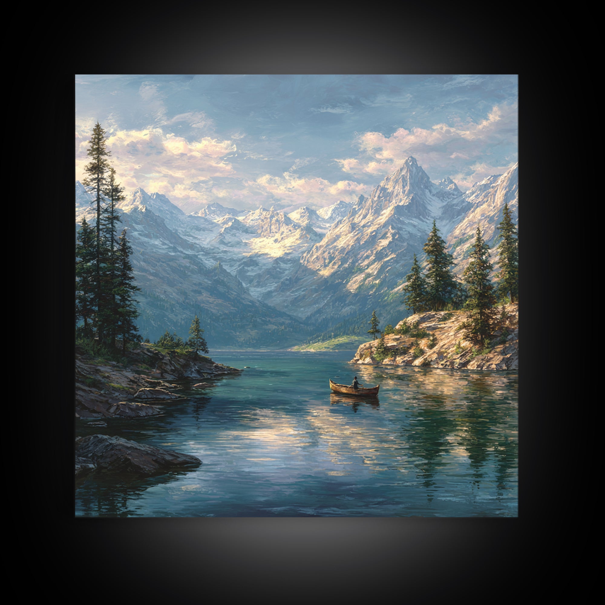 Alpine Lake And Snowy Mountains Framed Canvas Print, Scenic Landscape Art, Cabin Wall Decor, Nature Gift For Living Room