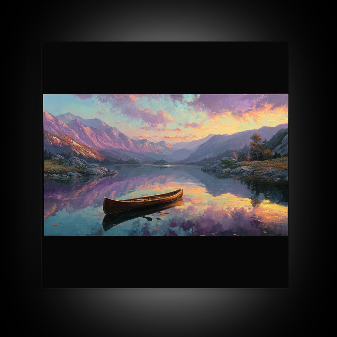 Canoe On Serene Mountain Lake Canvas Print, Sunset Landscape Wall Art, Rustic Cabin Decor For Living Room And Bedroom Decor
