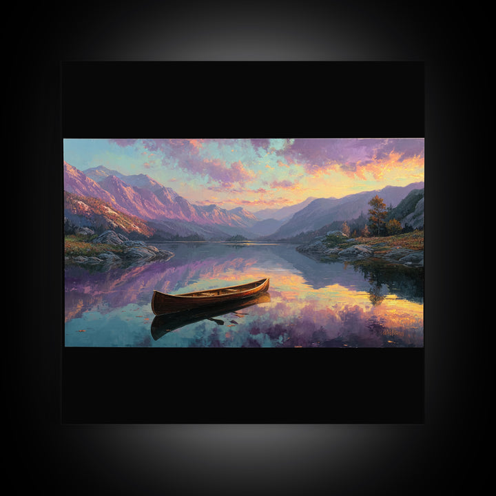 Canoe On Serene Mountain Lake Canvas Print, Sunset Landscape Wall Art, Rustic Cabin Decor For Living Room And Bedroom Decor