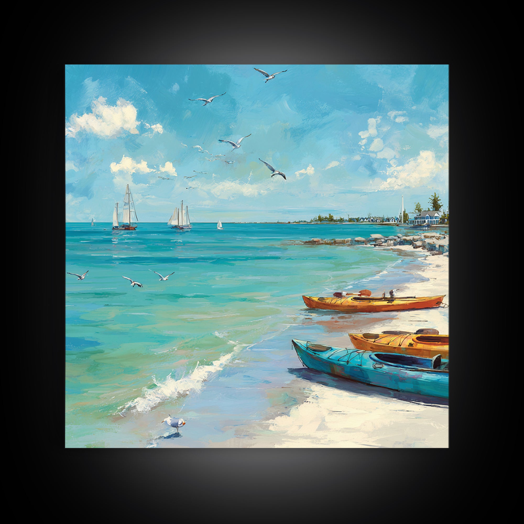 Turquoise Beach Boats And Seagulls Canvas Print, Coastal Wall Art, Ocean Seascape Decor For Beach House Living Room Decor