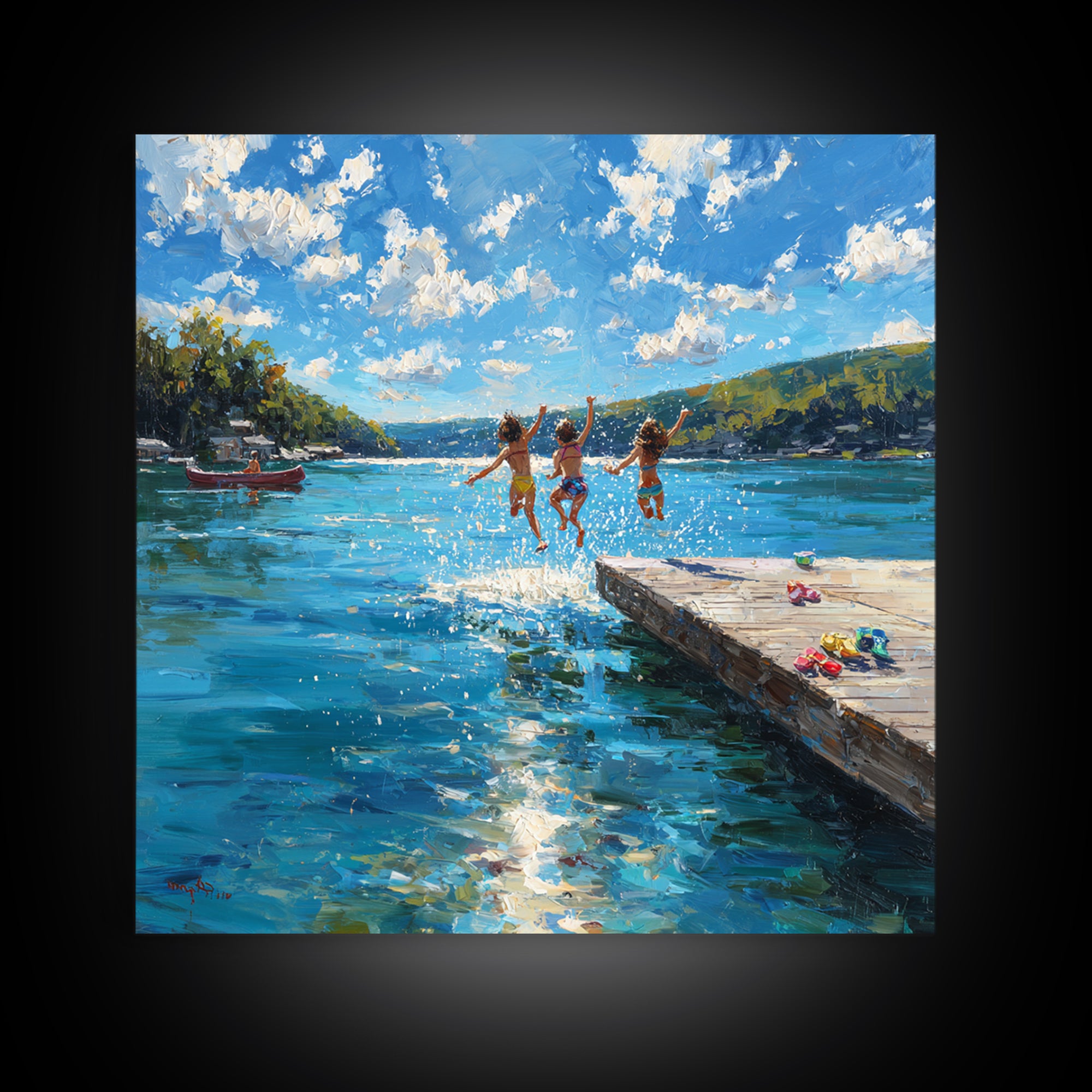 Kids Jumping Off A Sunny Lake Dock Wall Art, Summer Landscape Canvas Print, Lake House Decor, Playroom Art Gift For Coastal Home