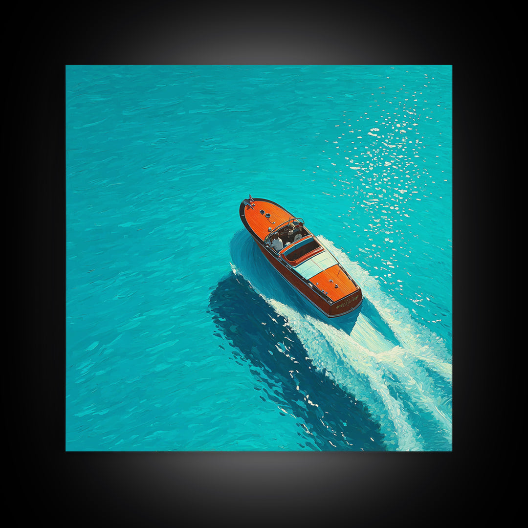 Turquoise Speedboat On Open Water Canvas Print, Coastal Wall Art, Nautical Travel Decor, Modern Beach House Art Gift For Her
