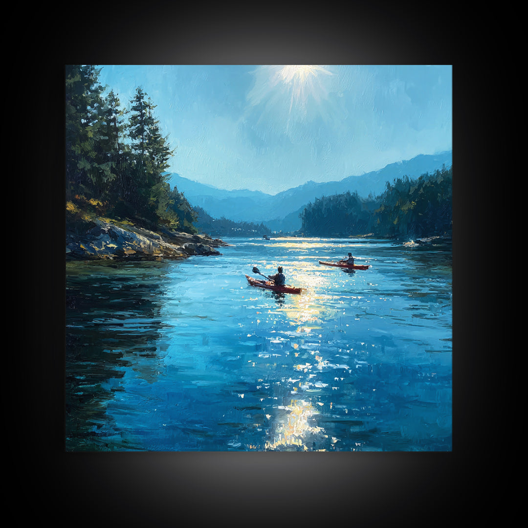 Sunlit Kayakers On Blue Mountain Lake Wall Art, Coastal Landscape Canvas Print, Nature Wall Decor For Living Room Home Decor Gift