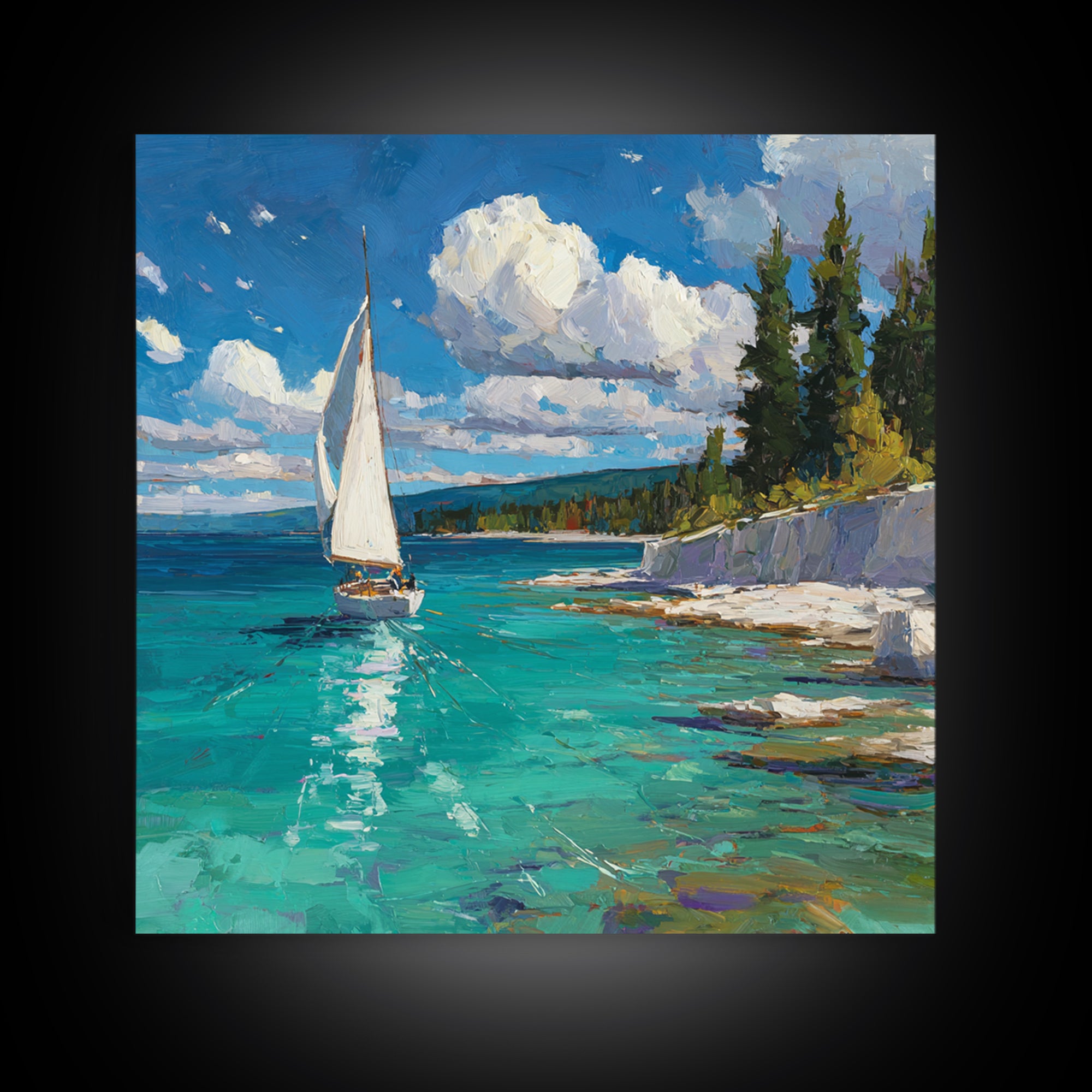 White Sailboat On Turquoise Lake Wall Art, Coastal Landscape Painting, Nautical Lake House Decor, Impasto Framed Canvas Print