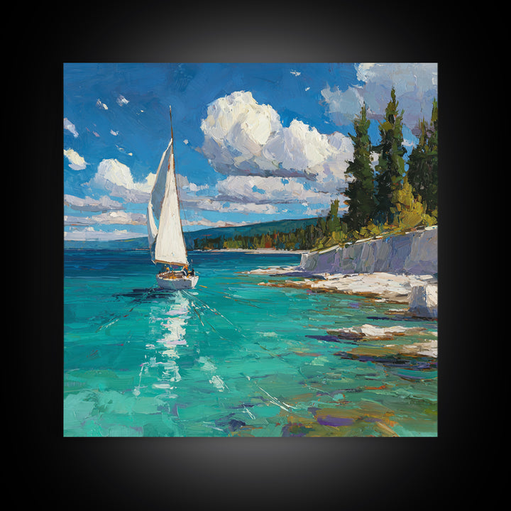 White Sailboat On Turquoise Lake Wall Art, Coastal Landscape Painting, Nautical Lake House Decor, Impasto Framed Canvas Print