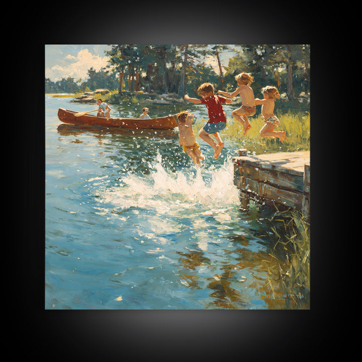 Children Jumping Into Sunny Lake Canvas Print, Summer Cabin Wall Art, Rustic Lake House Decor, Kids Room Art, Family Gift