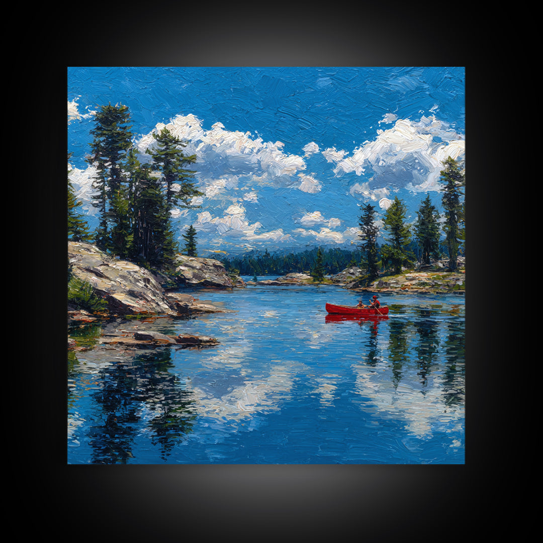 Red Canoe On Alpine Lake Wall Art, Mountain Landscape Painting, Rustic Cabin Decor, Pine Forest Nature Lover Framed Canvas Print