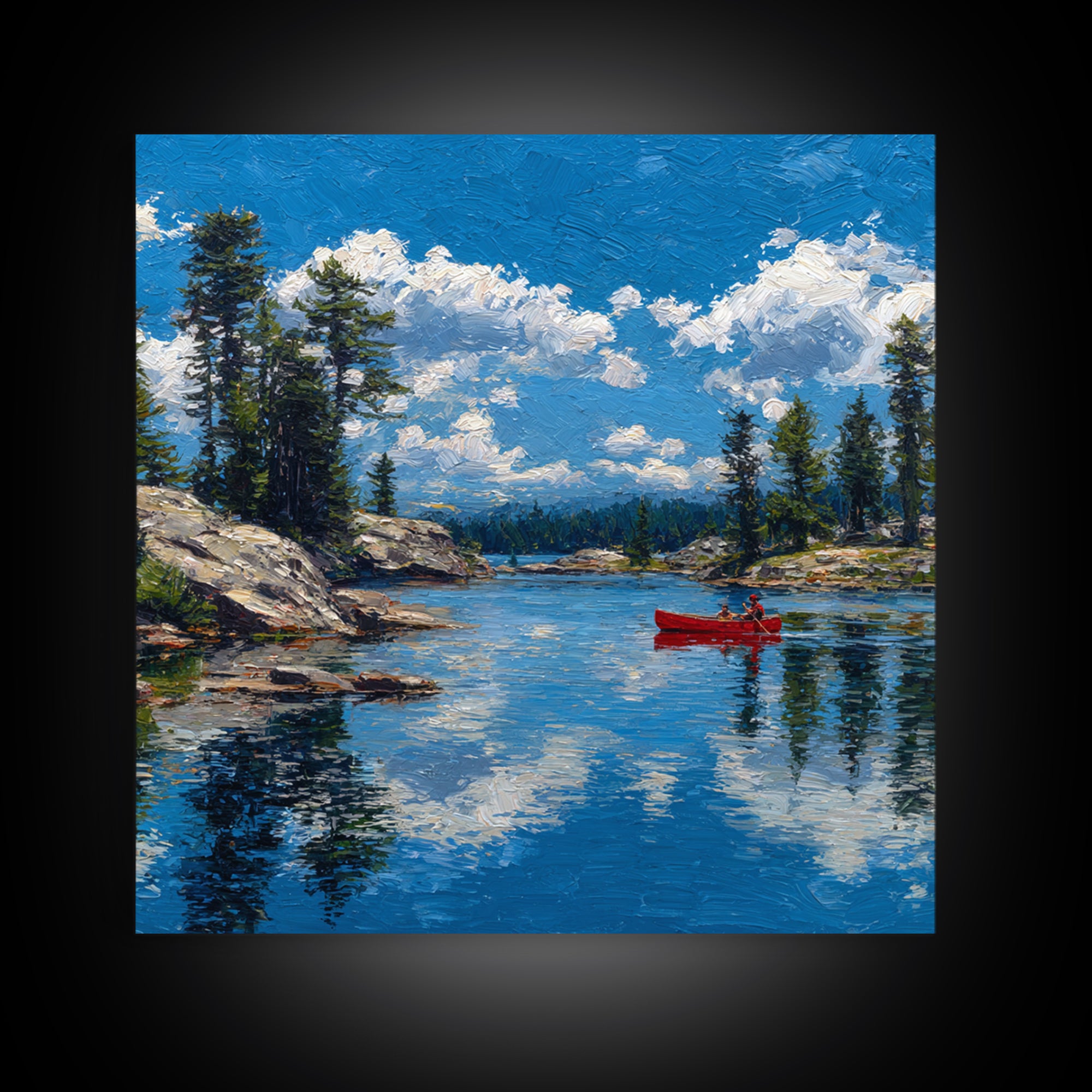 Red Canoe On Alpine Lake Wall Art, Mountain Landscape Painting, Rustic Cabin Decor, Pine Forest Nature Lover Framed Canvas Print