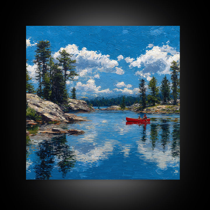 Red Canoe On Alpine Lake Wall Art, Mountain Landscape Painting, Rustic Cabin Decor, Pine Forest Nature Lover Framed Canvas Print